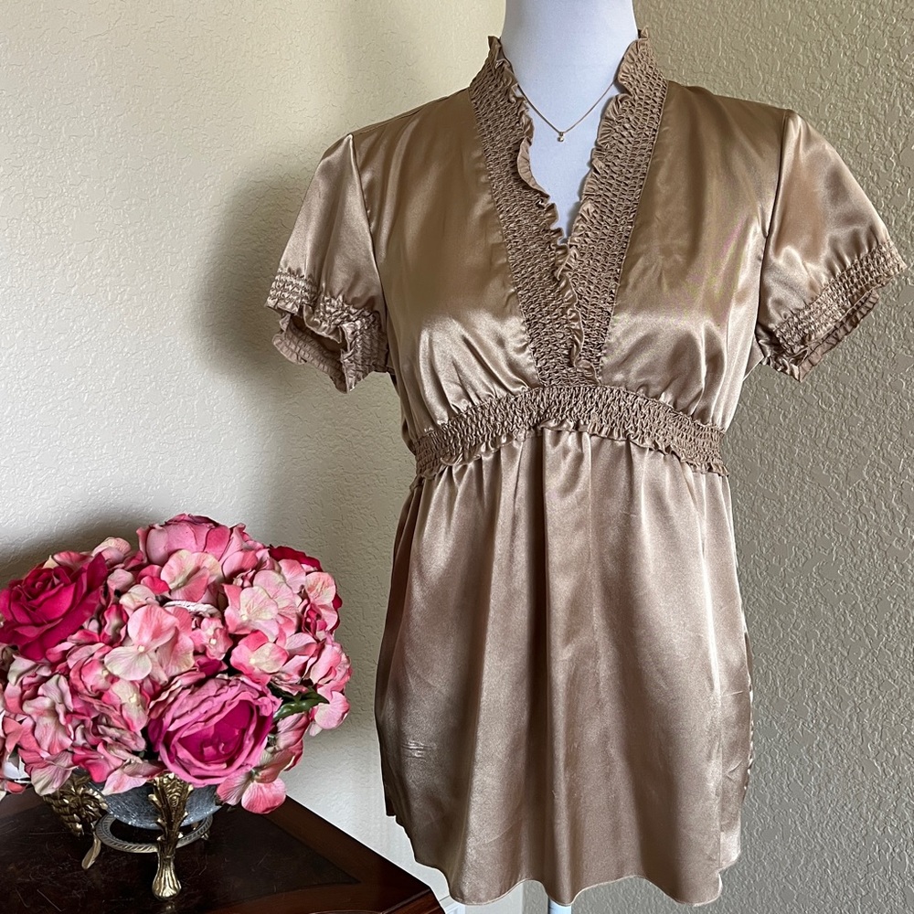 Allison Taylor Gold Satin Short Sleeve Top